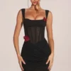 Miller Corseted Draped Skirt Mini Dress in Black