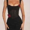 Miller Corseted Draped Skirt Mini Dress in Black