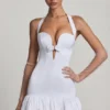 Millie Bow-Detail Halterneck Bubble Hem Mini Dress in White