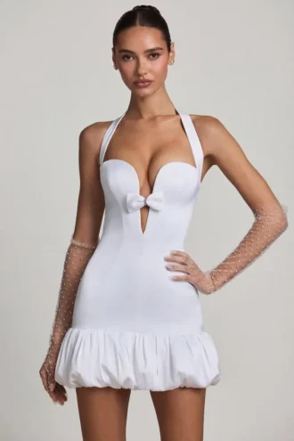 Millie Bow-Detail Halterneck Bubble Hem Mini Dress in White