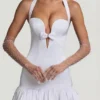 Millie Bow-Detail Halterneck Bubble Hem Mini Dress in White