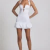 Millie Bow-Detail Halterneck Bubble Hem Mini Dress in White