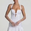 Millie Bow-Detail Halterneck Bubble Hem Mini Dress in White