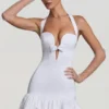 Millie Bow-Detail Halterneck Bubble Hem Mini Dress in White