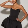 Minerva Lace-Up Bubble Hem Corset Micro Mini Dress in Black