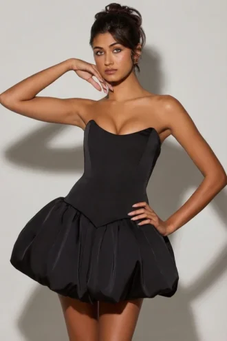 Minerva Lace-Up Bubble Hem Corset Micro Mini Dress in Black