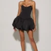 Minerva Lace-Up Bubble Hem Corset Micro Mini Dress in Black