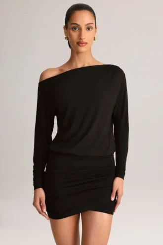 Mira Modal Off-Shoulder Wrap Mini Dress in Black