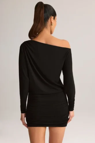 Mira Modal Off-Shoulder Wrap Mini Dress in Black
