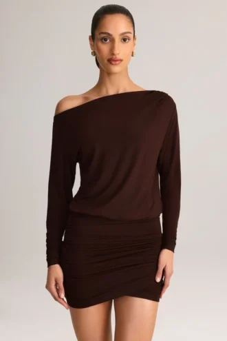 Mira Modal Off-Shoulder Wrap Mini Dress in Chocolate Brown