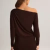 Mira Modal Off-Shoulder Wrap Mini Dress in Chocolate Brown