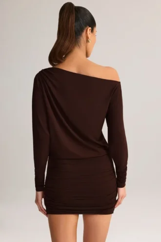 Mira Modal Off-Shoulder Wrap Mini Dress in Chocolate Brown