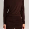 Mira Modal Off-Shoulder Wrap Mini Dress in Chocolate Brown