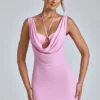 Mirabel Cowl-Neck A-Line Mini Dress in Baby Pink