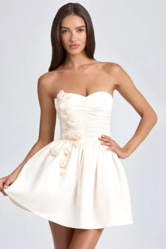Mirabelle Bandeau Floral-Appliqué Corset Mini Dress in Ivory