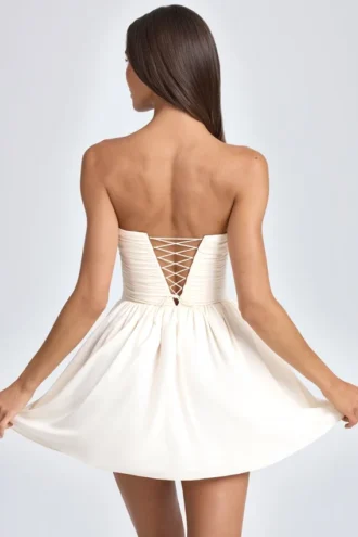 Mirabelle Bandeau Floral-Appliqué Corset Mini Dress in Ivory