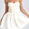 Mirabelle Bandeau Floral-Appliqué Corset Mini Dress in Ivory