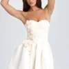 Mirabelle Bandeau Floral-Appliqué Corset Mini Dress in Ivory