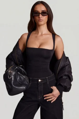 Mirandria Soft Jersey Square-Neck Ruched Top in Black