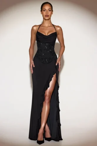 Miravie Embellished Cowl-Neck Ruffled Gown Dress in Black