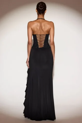 Miravie Embellished Cowl-Neck Ruffled Gown Dress in Black