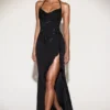 Miravie Embellished Cowl-Neck Ruffled Gown Dress in Black