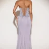 Miravie Embellished Cowl-Neck Ruffled Gown Dress in Lilac