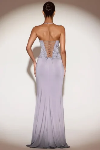 Miravie Embellished Cowl-Neck Ruffled Gown Dress in Lilac