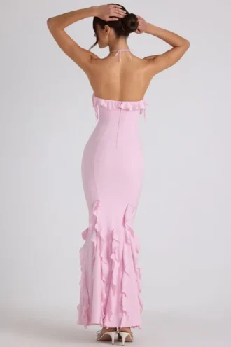 Mireya Ruffle-Trim Halterneck Gown in Soft Pink