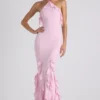 Mireya Ruffle-Trim Halterneck Gown in Soft Pink