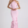 Mireya Ruffle-Trim Halterneck Gown in Soft Pink