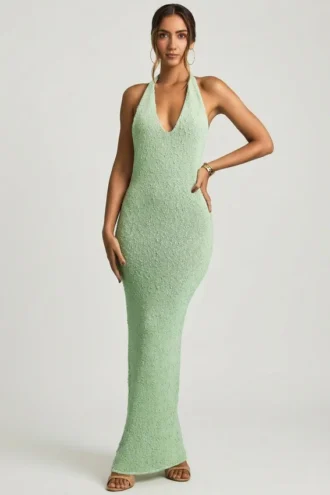 Mirri Bouclé Halterneck Maxi Dress in Mint