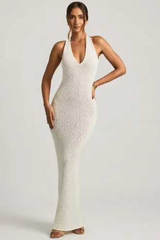 Mirri Bouclé Halterneck Maxi Dress in White