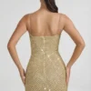 Mischa Embellished Sweetheart-Neck Mini Dress in Gold