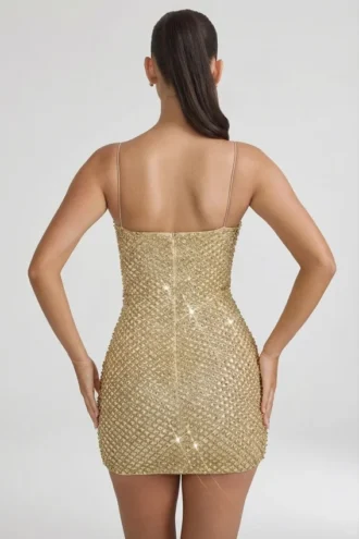 Mischa Embellished Sweetheart-Neck Mini Dress in Gold