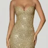 Mischa Embellished Sweetheart-Neck Mini Dress in Gold