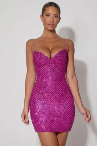 Mischa Embellished Sweetheart-Neck Mini Dress in Magenta