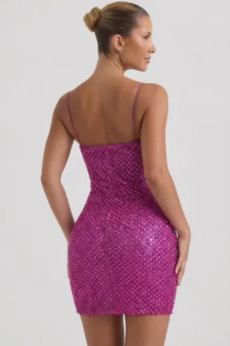 Mischa Embellished Sweetheart-Neck Mini Dress in Magenta