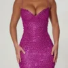 Mischa Embellished Sweetheart-Neck Mini Dress in Magenta