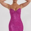 Mischa Embellished Sweetheart-Neck Mini Dress in Magenta