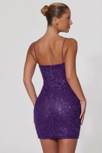 Mischa Embellished Sweetheart-Neck Mini Dress in Purple
