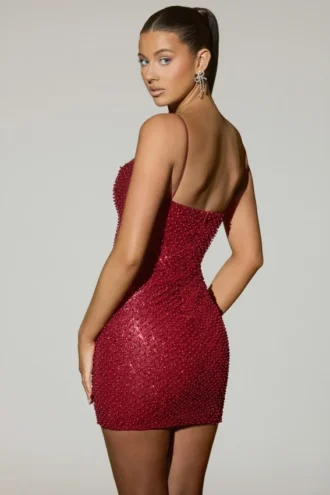 Mischa Embellished Sweetheart-Neck Mini Dress in Red