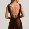 Monnie Draped Open-Back A-Line Mini Dress in Chocolate Brown