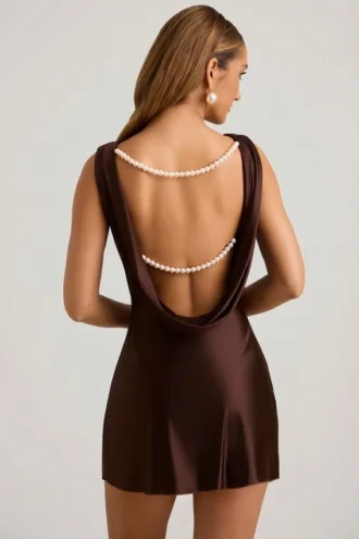Monnie Draped Open-Back A-Line Mini Dress in Chocolate Brown