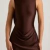 Monnie Draped Open-Back A-Line Mini Dress in Chocolate Brown