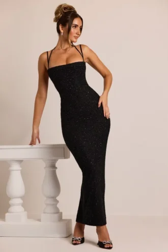 Monte Carlo Embellished Cowl Neck Maxi Dress in Black