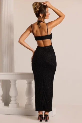 Monte Carlo Embellished Cowl Neck Maxi Dress in Black