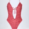 Montjoi Ruffled Cut-Out Halterneck Swimsuit in Red Gingham