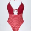 Montjoi Ruffled Cut-Out Halterneck Swimsuit in Red Gingham