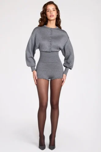Moya Fine-Knit Long-Sleeve Romper in Grey